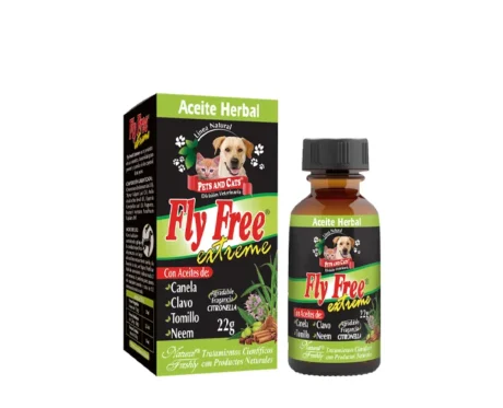 <span class="highlight-prefix">Producto natural para la salud y bienestar de tu perro:</span> P & C Fly Free Extreme, aceite herbal de 22 g con gotero.