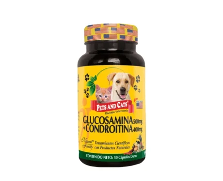 <span class="highlight-prefix">Producto natural para la salud y bienestar de tu gato:</span> P & C Glucosamina + Condroitina, frasco con 50 cápsulas.