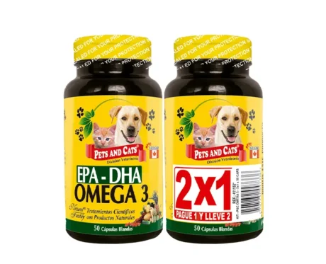 <span class="highlight-prefix">Producto natural para la salud y bienestar de tu gato:</span> P & C Omega 3 - 2x1, frasco con 50 cápsulas.